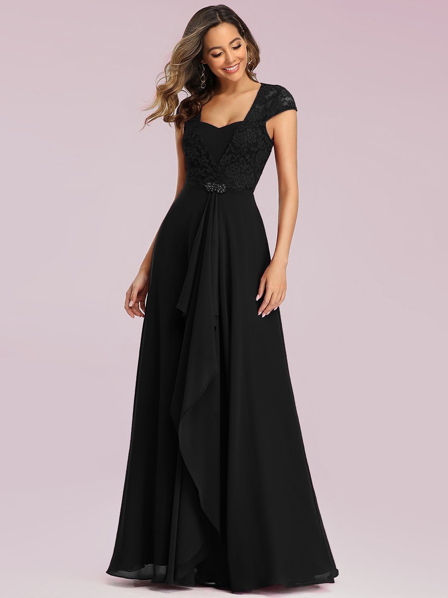Color=Black| Sweetheart Floral Lace Wholesale Wedding Guest Dress-Black 3