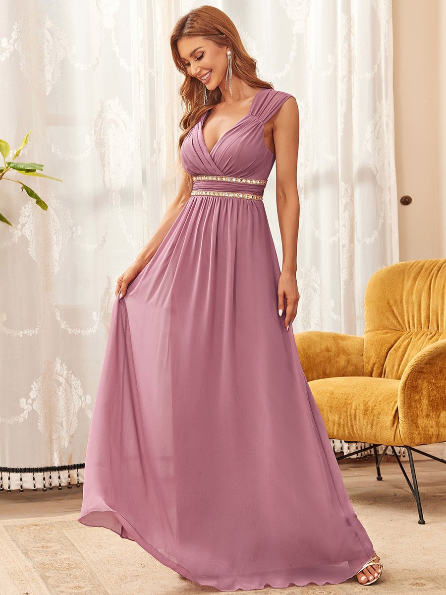 Color=Orchid | V-Neck Empire Waist Chiffon Maxi Long Wholesale Evening Gowns-Orchid 4