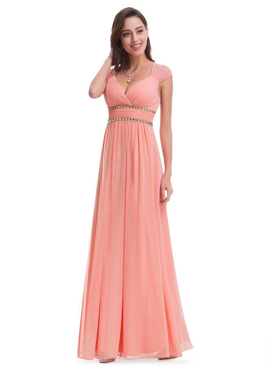Color=Peach | V-Neck Empire Waist Chiffon Maxi Long Wholesale Evening Gowns-Peach 3