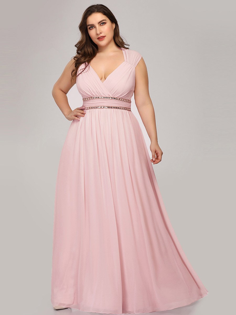 Color=Pink | V-Neck Empire Waist Chiffon Maxi Long Wholesale Evening Gowns-Pink 4