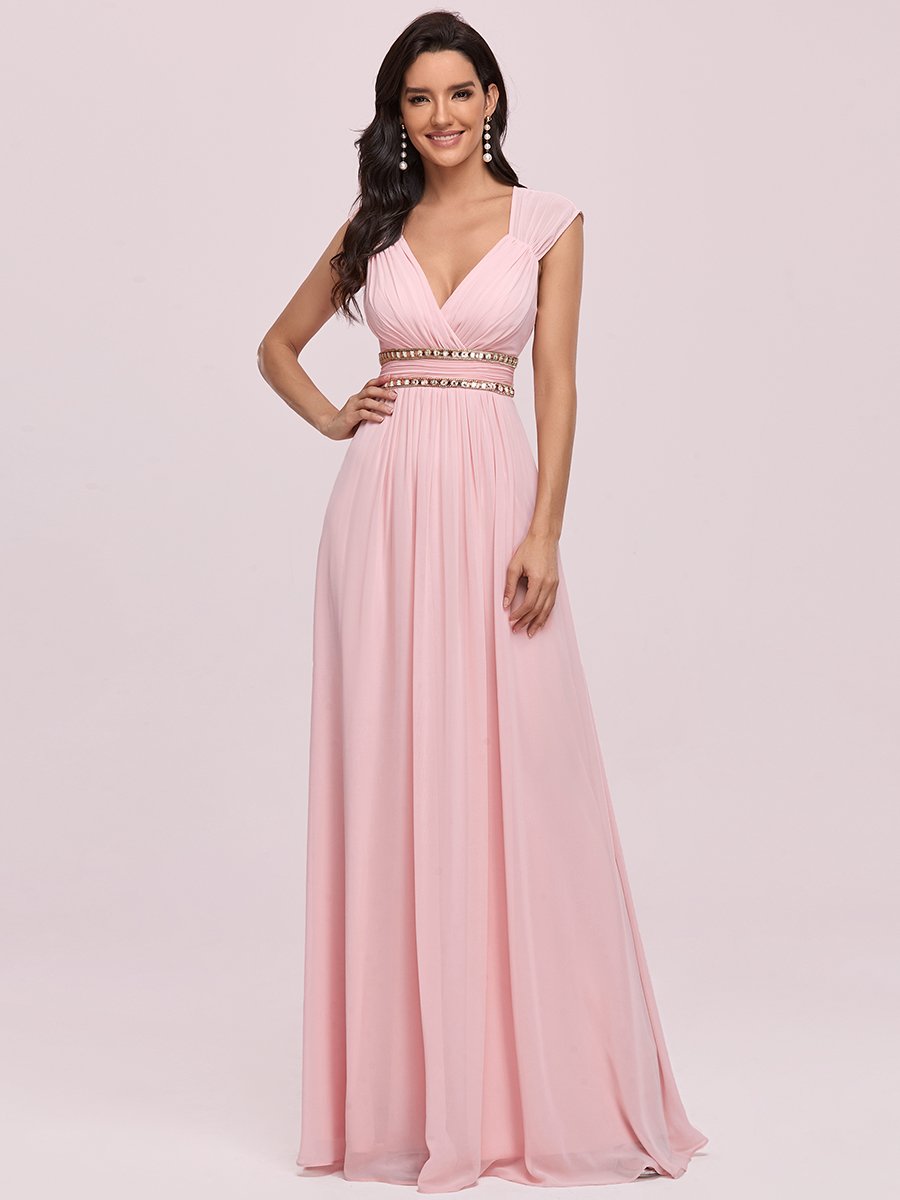 Color=Pink | V-Neck Empire Waist Chiffon Maxi Long Wholesale Evening Gowns-Pink 1