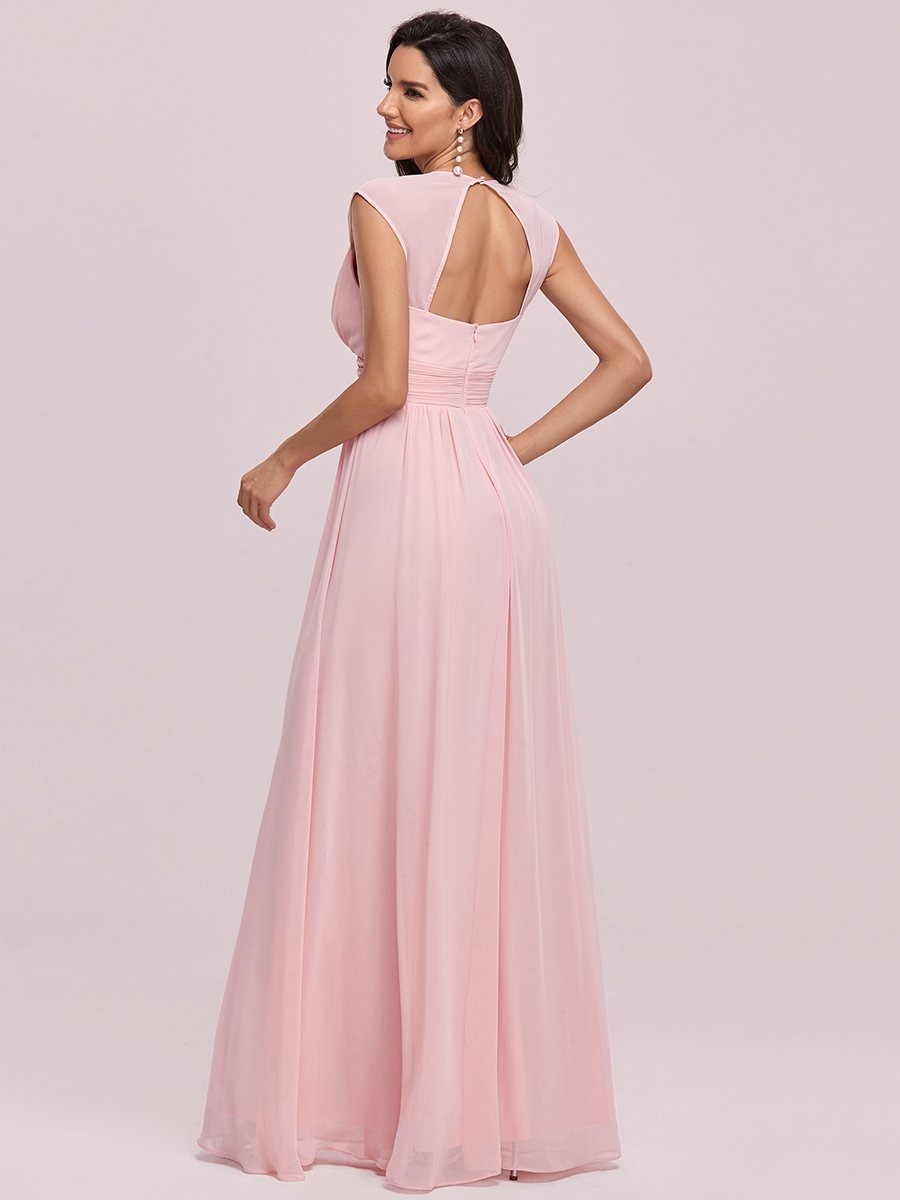 Color=Pink | V-Neck Empire Waist Chiffon Maxi Long Wholesale Evening Gowns-Pink 3