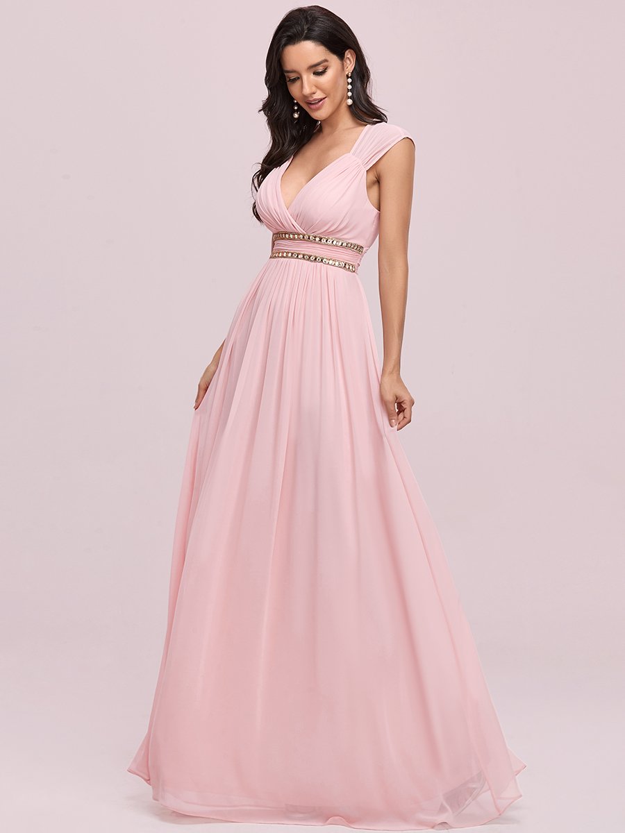 Color=Pink | V-Neck Empire Waist Chiffon Maxi Long Wholesale Evening Gowns-Pink 2
