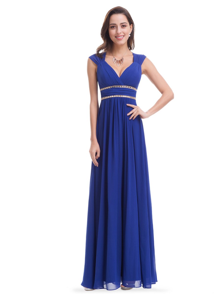 Color=Sapphire Blue | V-Neck Empire Waist Chiffon Maxi Long Wholesale Evening Gowns-Sapphire Blue 4