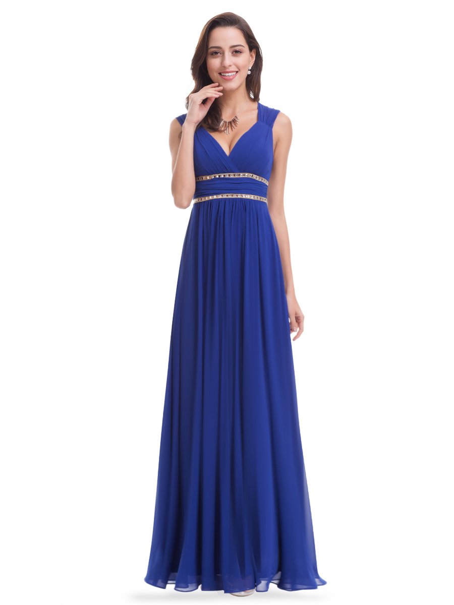 Color=Sapphire Blue | V-Neck Empire Waist Chiffon Maxi Long Wholesale Evening Gowns-Sapphire Blue 1