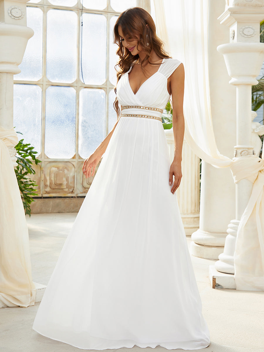 Color=White | V-Neck Empire Waist Chiffon Maxi Long Wholesale Evening Gowns-White 3
