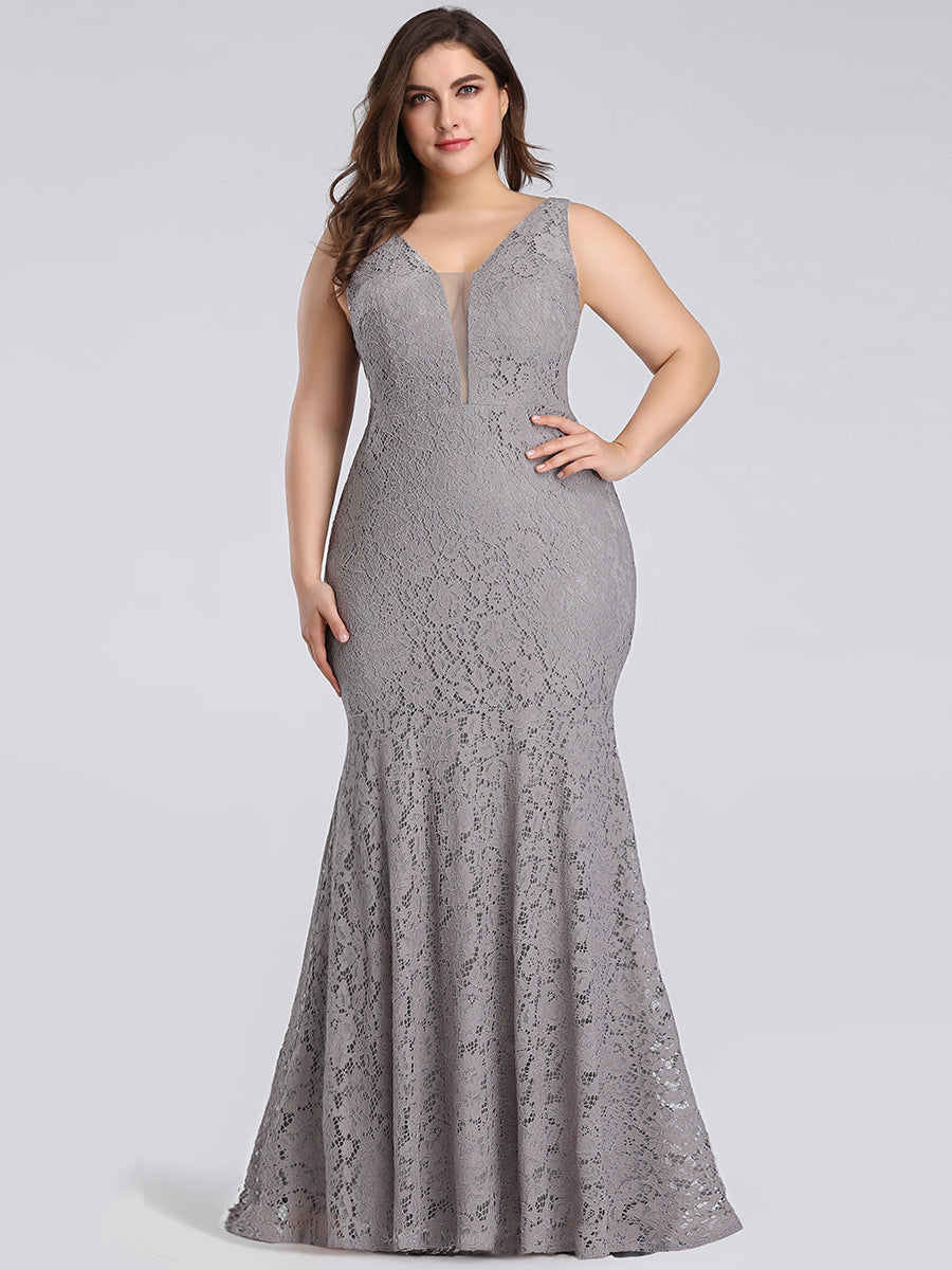 Color=Grey | Plus Size Women'S Sexy V-Neck Long Fishtail Evening Dresses Ep08838-Grey 1