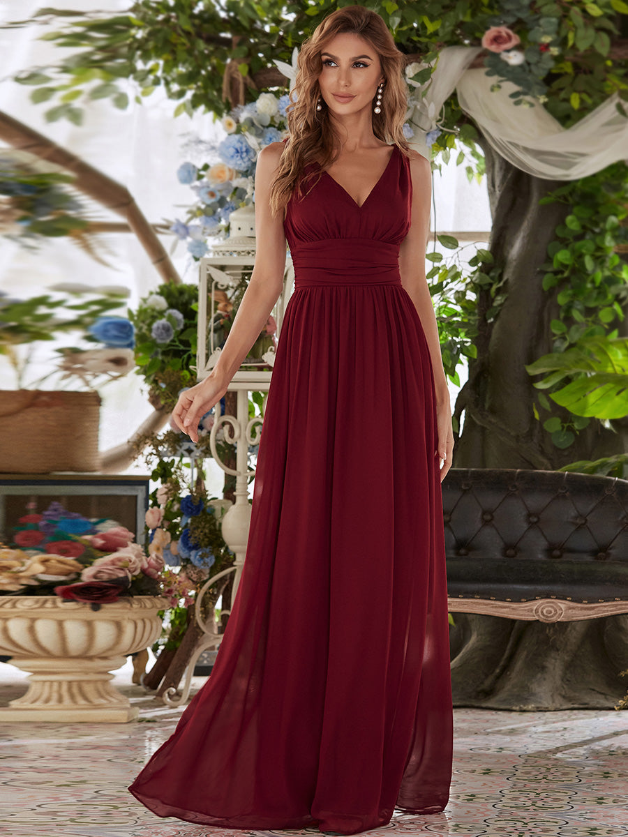 Color=Burgundy | Double V-Neck Elegant Maxi Long Wholesale Evening Dresses-Burgundy  4
