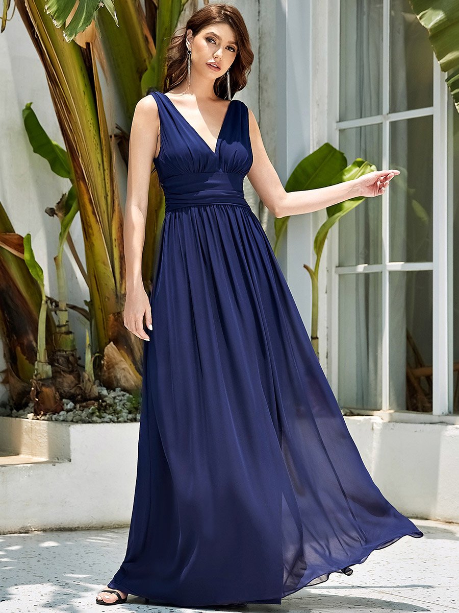 Color=Navy Blue | Double V-Neck Elegant Maxi Long Wholesale Evening Dresses-Navy Blue 4