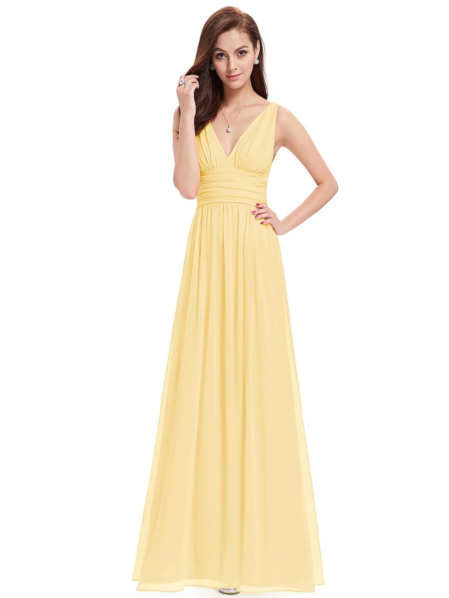Color=Yellow | Double V-Neck Elegant Maxi Long Wholesale Evening Dresses-Yellow 4