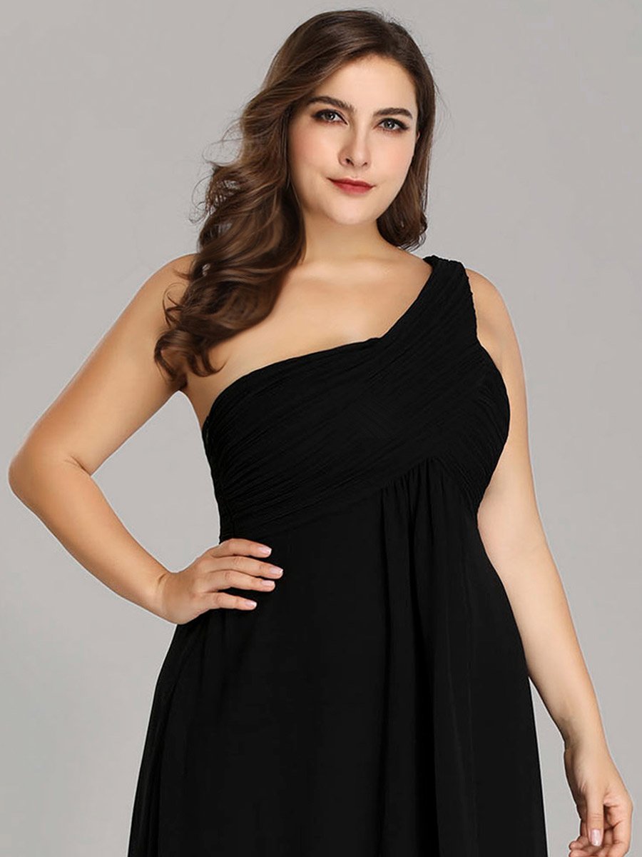 Color=Black | One Shoulder Chiffon Ruffles Plus Size Long Evening Dresses-Black 5