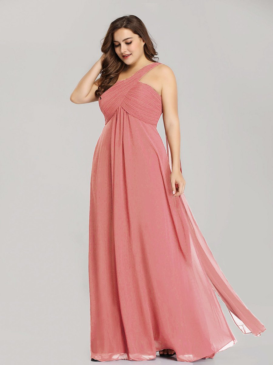 Color=Coral | One Shoulder Chiffon Ruffles Plus Size Long Evening Dresses-Coral 3