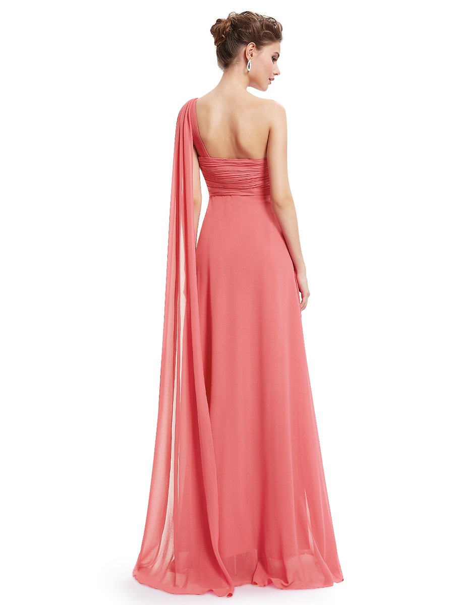 Color=Coral | One Shoulder Chiffon Ruffles Long Evening Dresses for Wholesale-Coral 2