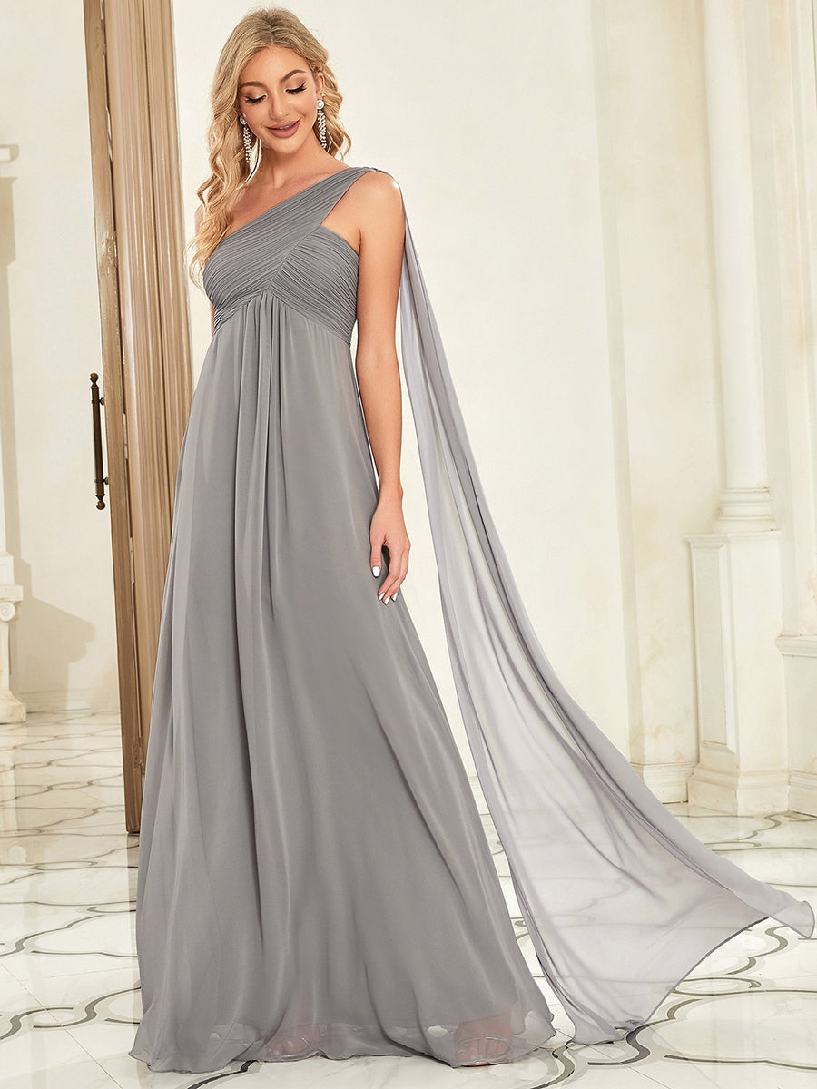 Color=Grey | One Shoulder Chiffon Ruffles Long Evening Dresses for Wholesale-Grey 4