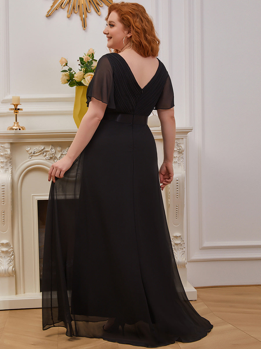 Double V-Neck Ruffles Padded Plus Size Wholesale Evening Dresses #Color_Black