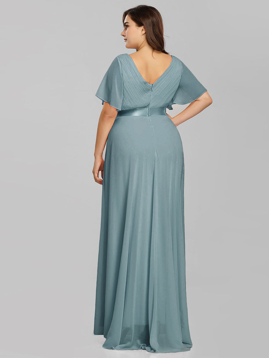 Double V-Neck Ruffles Padded Plus Size Wholesale Evening Dresses #Color_Dusty Blue