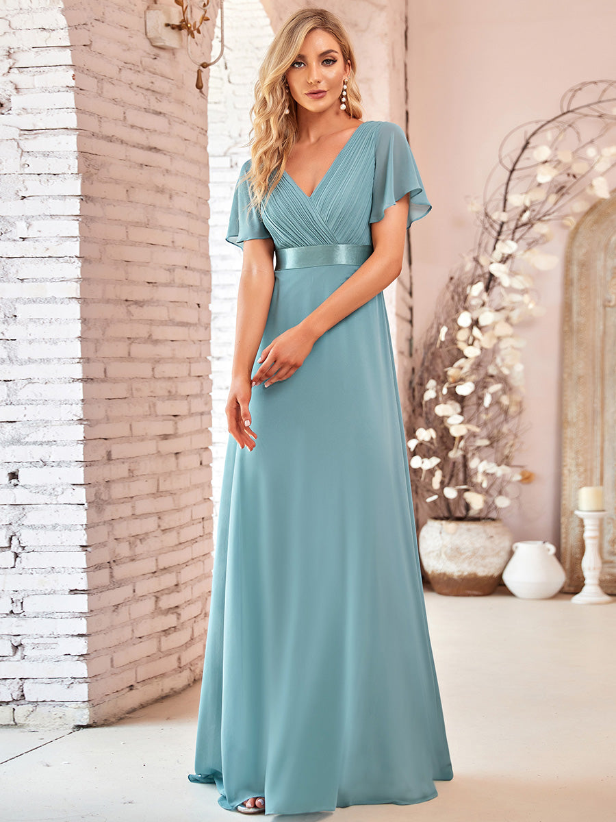 Glamorous Double V-Neck Ruffles Padded Wholesale Chiffon Evening Dresses #Color_Dusty blue