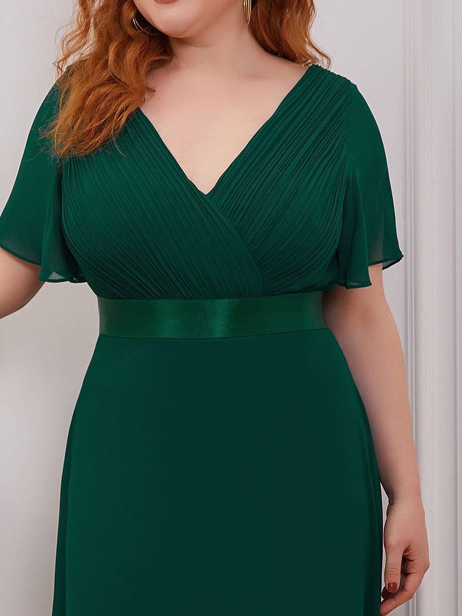 Double V-Neck Ruffles Padded Plus Size Wholesale Evening Dresses #Color_Dark Green