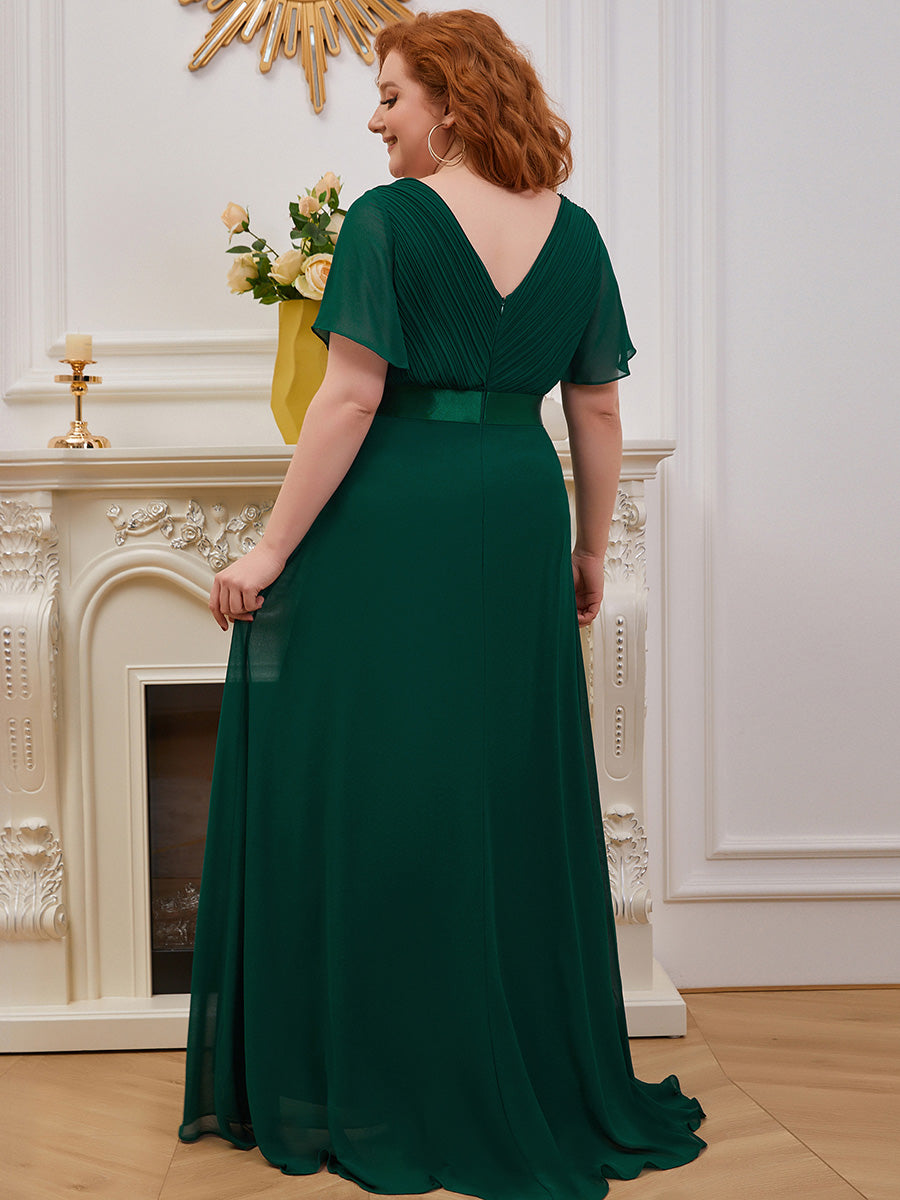 Double V-Neck Ruffles Padded Plus Size Wholesale Evening Dresses #Color_Dark Green