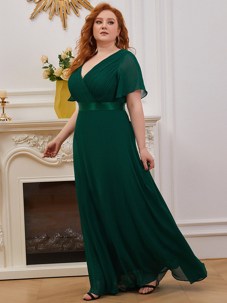 Double V-Neck Ruffles Padded Plus Size Wholesale Evening Dresses #Color_Dark Green
