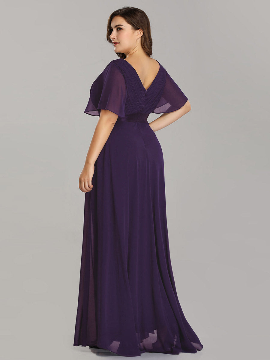 Double V-Neck Ruffles Padded Plus Size Wholesale Evening Dresses #Color_Dark Purple
