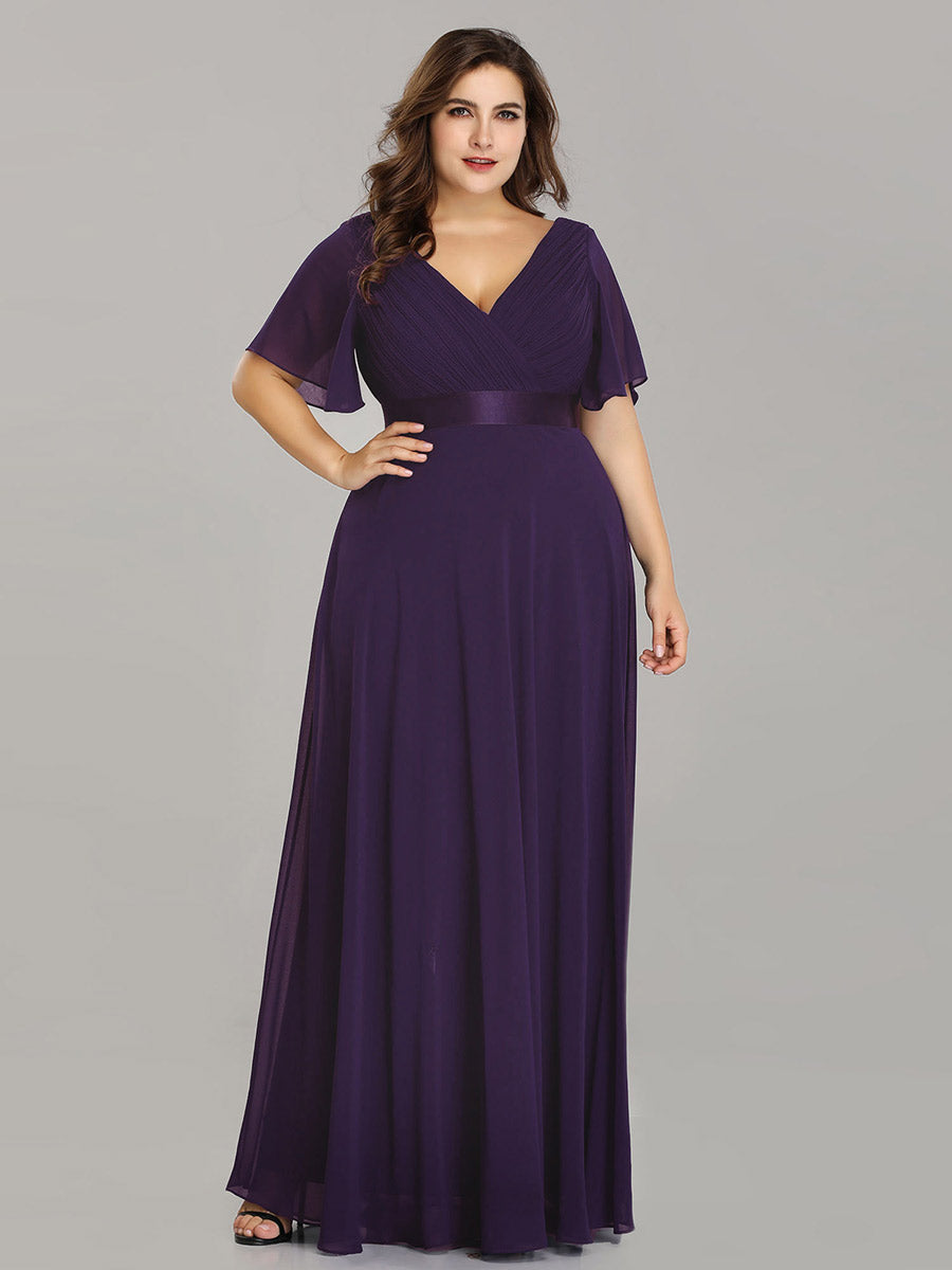 Double V-Neck Ruffles Padded Plus Size Wholesale Evening Dresses #Color_Dark Purple