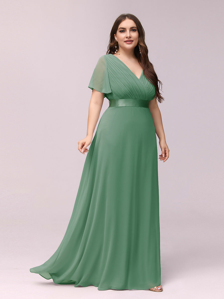 Double V-Neck Ruffles Padded Plus Size Wholesale Evening Dresses #Color_Green Bean
