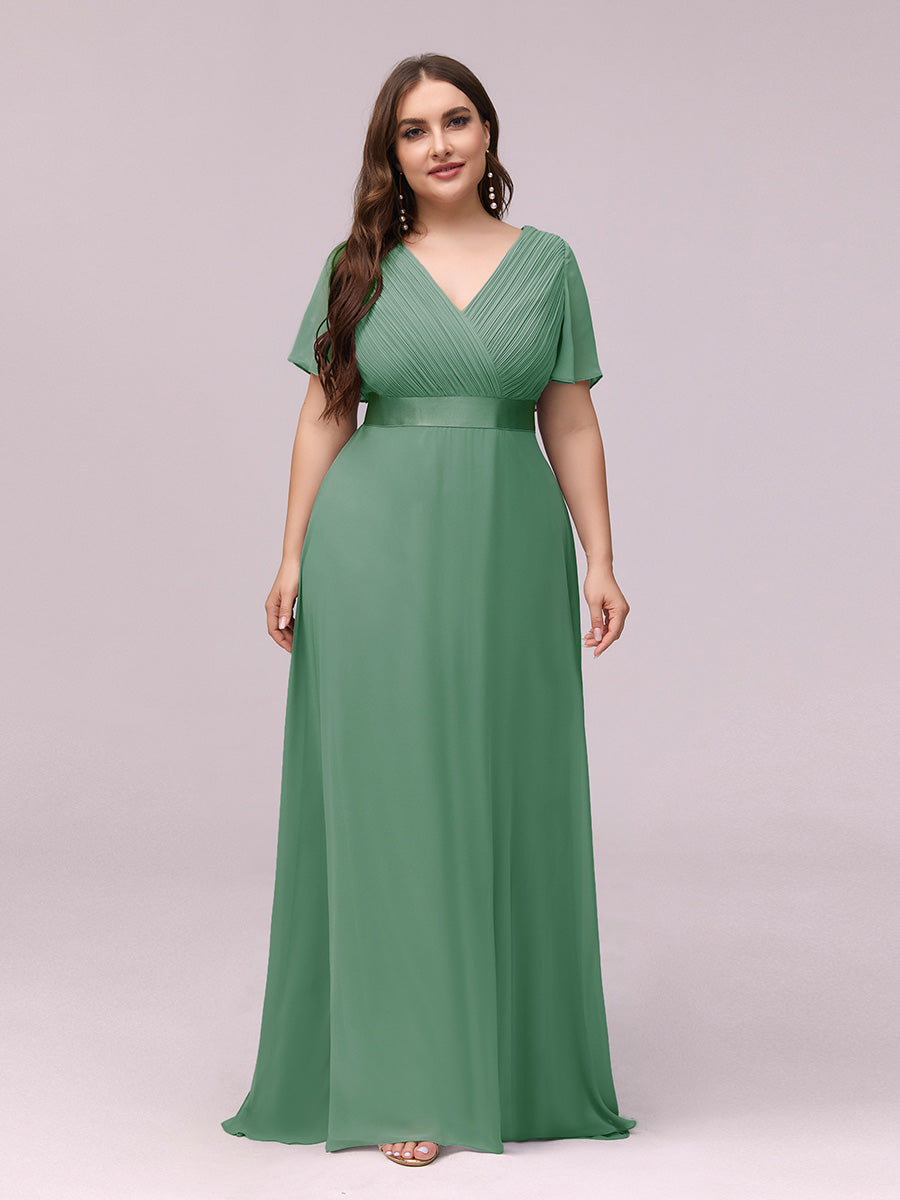 Double V-Neck Ruffles Padded Plus Size Wholesale Evening Dresses #Color_Green Bean