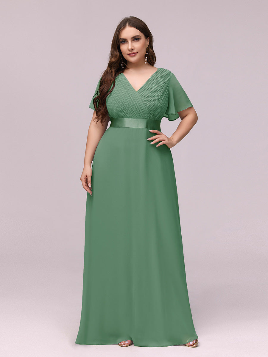 Double V-Neck Ruffles Padded Plus Size Wholesale Evening Dresses #Color_Green Bean
