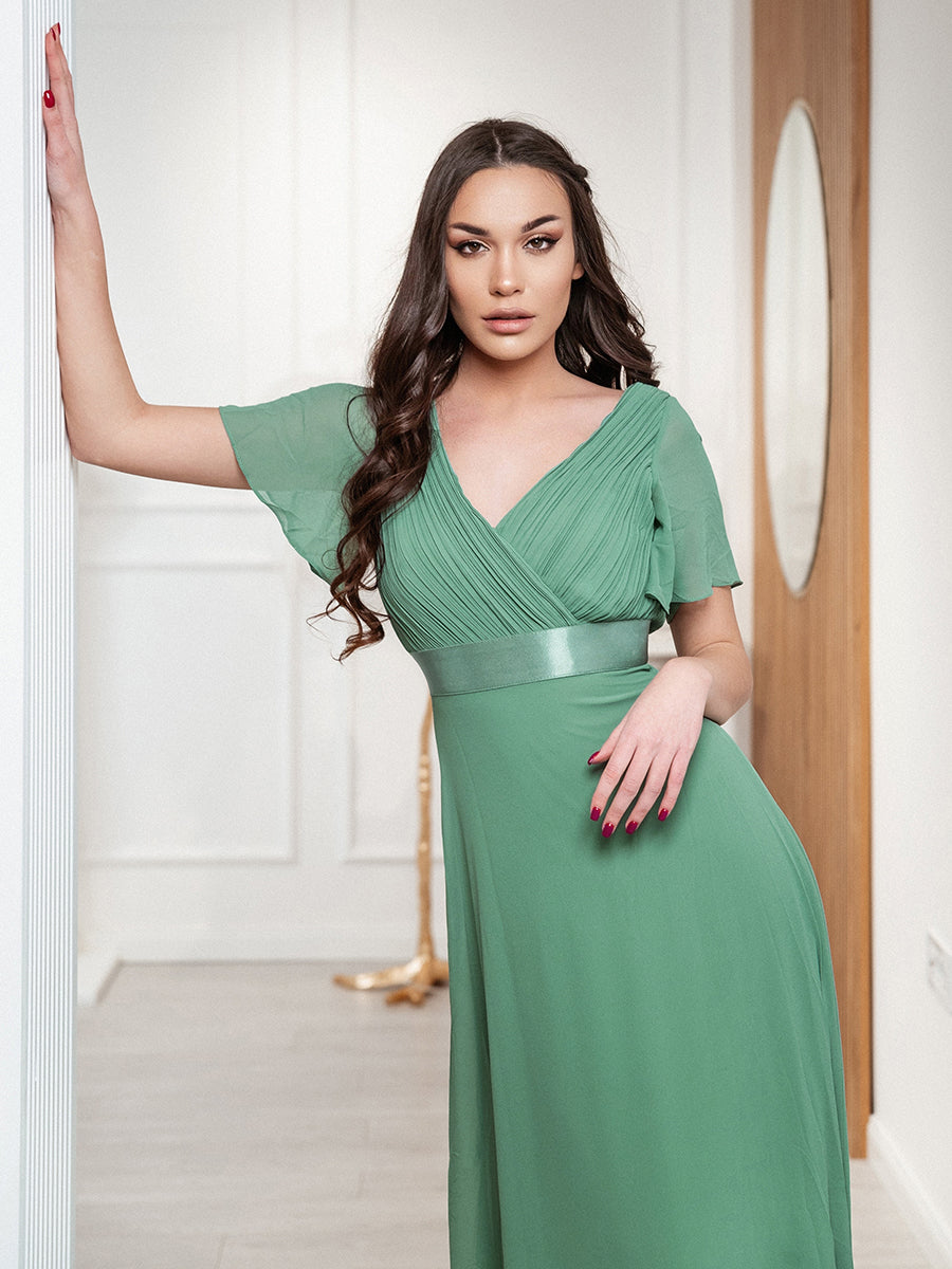 COLOR=Green Bean | Long Empire Waist Evening Dress With Short Flutter Sleeves-Green Bean 6