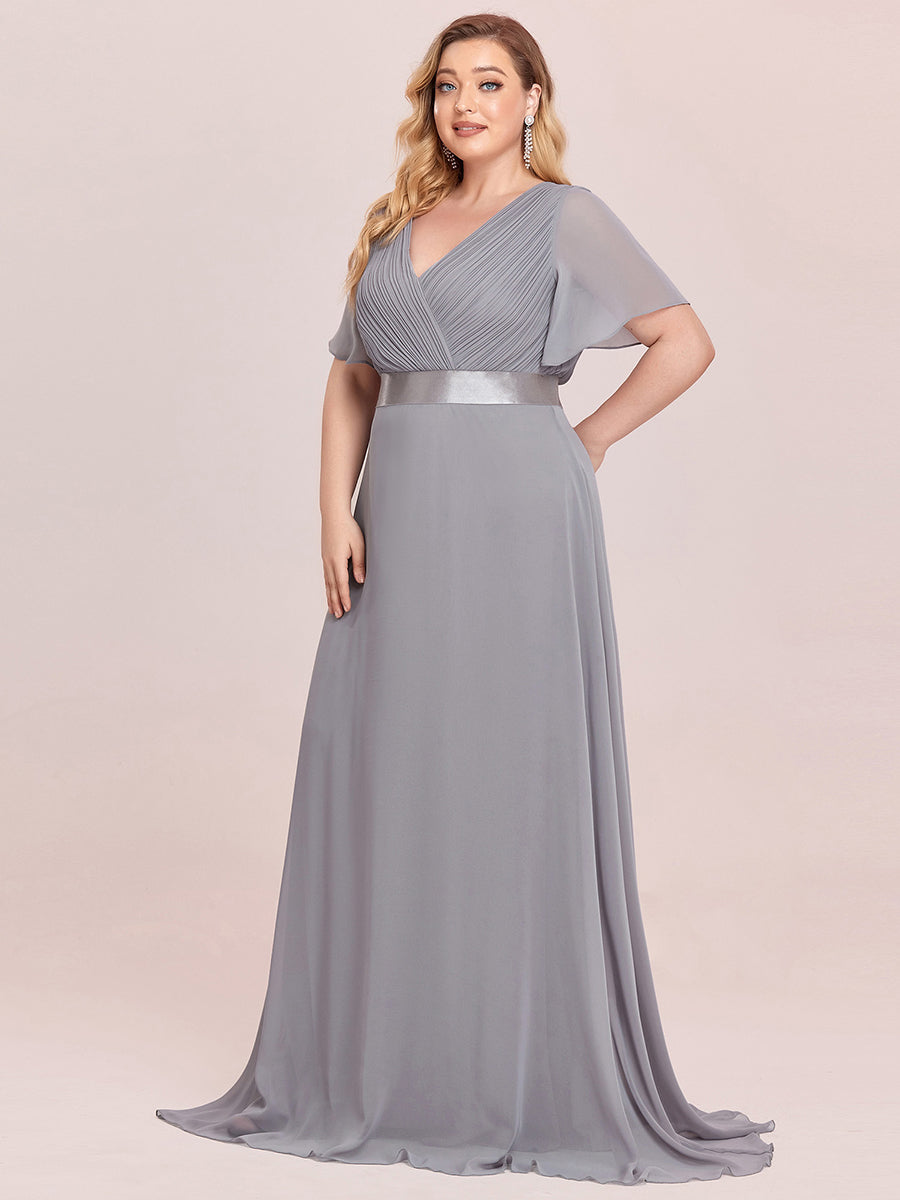 Double V-Neck Ruffles Padded Plus Size Wholesale Evening Dresses #Color_Grey