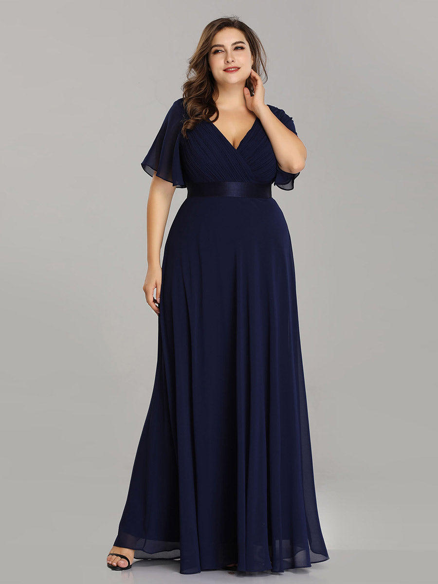Double V-Neck Ruffles Padded Plus Size Wholesale Evening Dresses #Color_Navy Blue