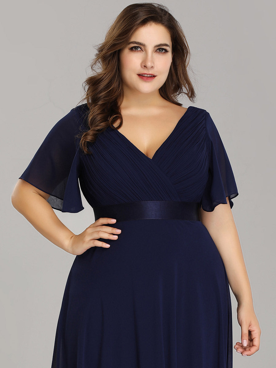 Double V-Neck Ruffles Padded Plus Size Wholesale Evening Dresses #Color_Navy Blue