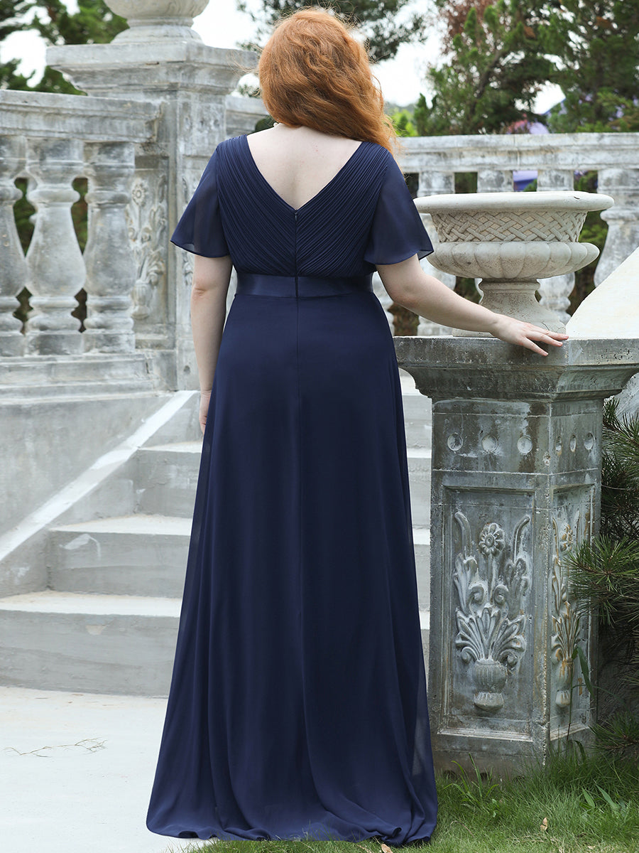 Double V-Neck Ruffles Padded Plus Size Wholesale Evening Dresses #Color_Navy Blue