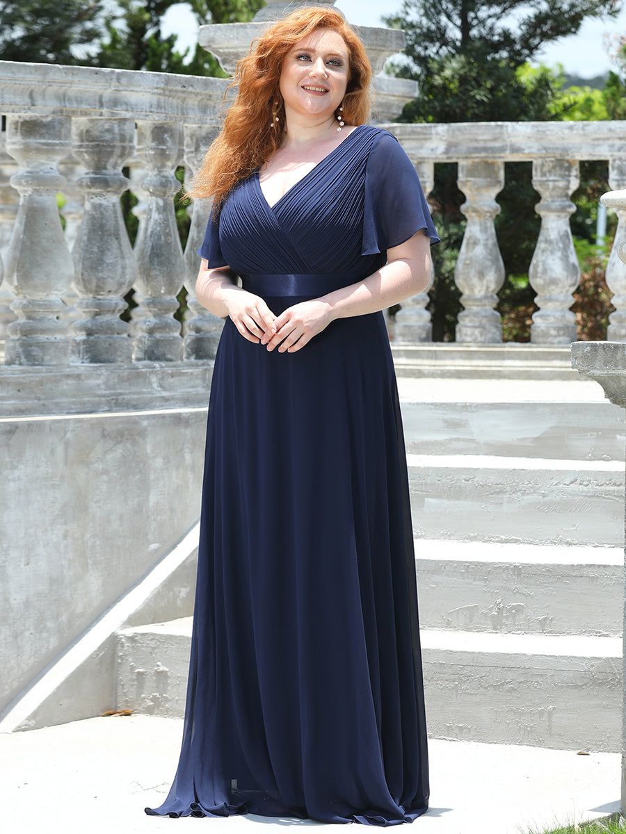 Double V-Neck Ruffles Padded Plus Size Wholesale Evening Dresses #Color_Navy Blue