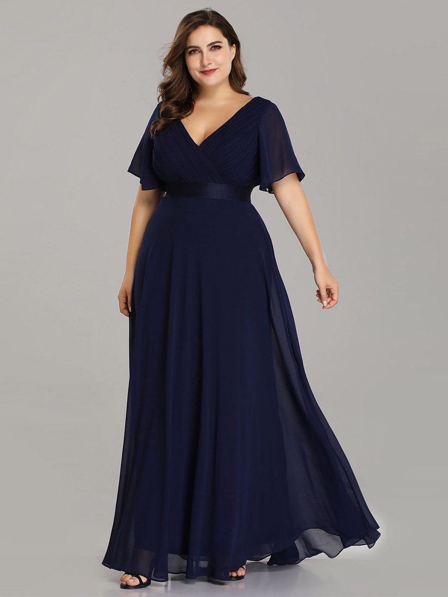 Double V-Neck Ruffles Padded Plus Size Wholesale Evening Dresses #Color_Navy Blue
