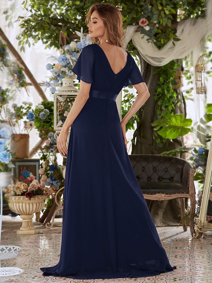 Glamorous Double V-Neck Ruffles Padded Wholesale Chiffon Evening Dresses #Color_Navy Blue