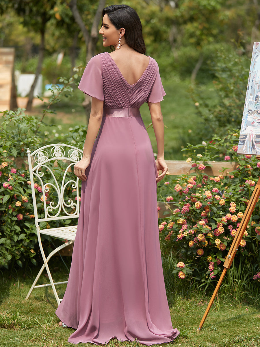 Glamorous Double V-Neck Ruffles Padded Wholesale Chiffon Evening Dresses #Color_Orchid