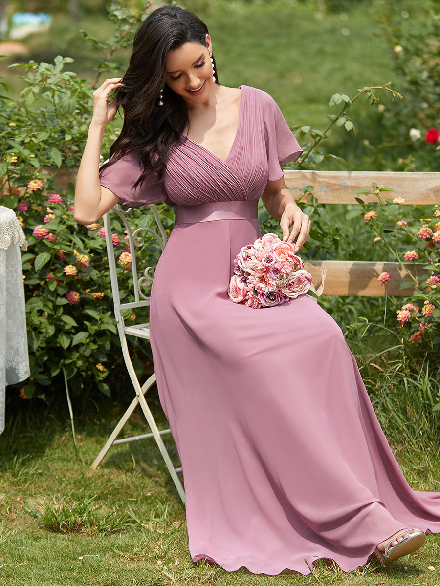 Glamorous Double V-Neck Ruffles Padded Wholesale Chiffon Evening Dresses #Color_Orchid