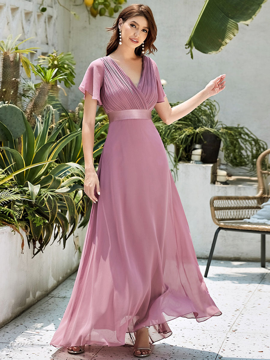 Glamorous Double V-Neck Ruffles Padded Wholesale Chiffon Evening Dresses #Color_Orchid