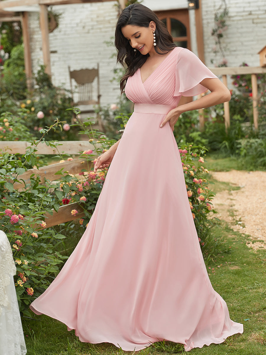 Glamorous Double V-Neck Ruffles Padded Wholesale Chiffon Evening Dresses #Color_Pink