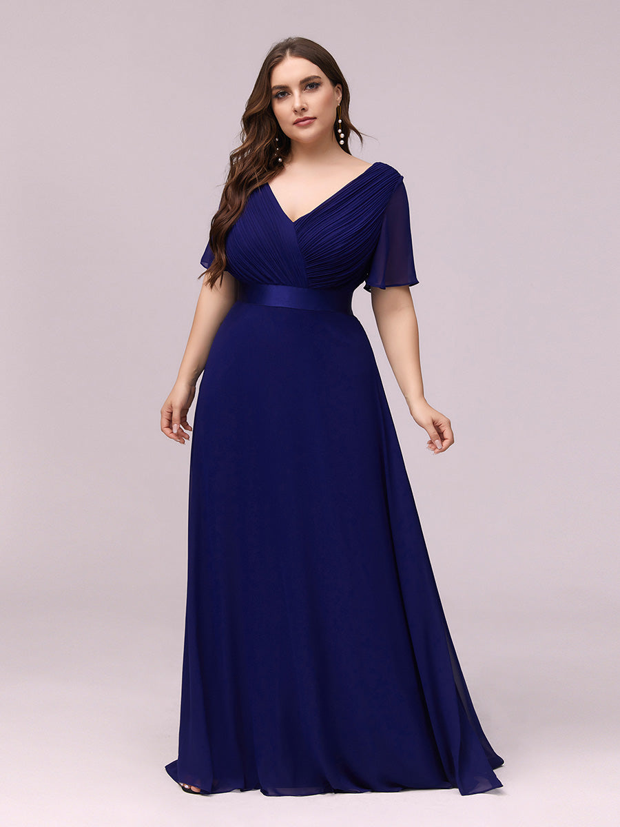 Double V-Neck Ruffles Padded Plus Size Wholesale Evening Dresses #Color_Royal Blue
