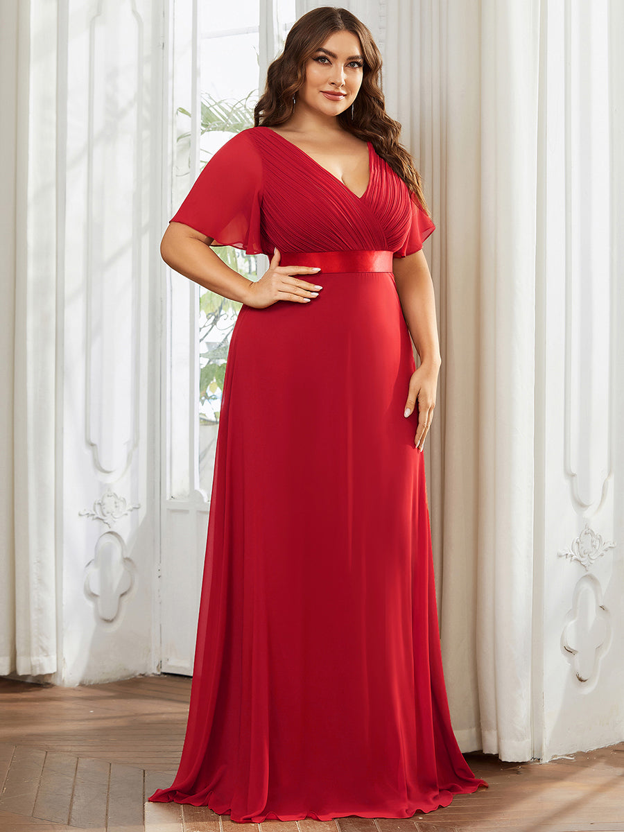 Color=Red | Glamorous Double V-Neck Ruffles Padded Plus Size Evening Dresses-Red 1