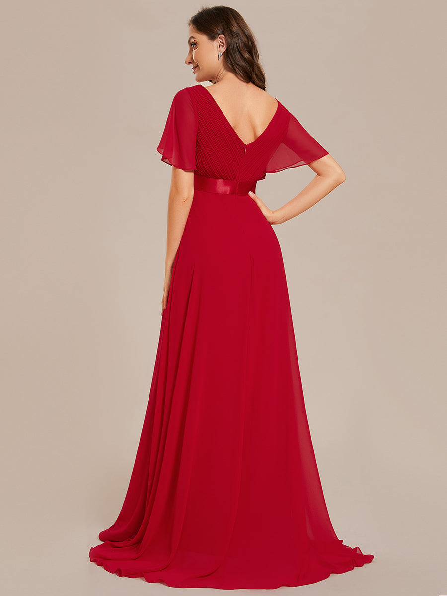 Color=Vermilion | Glamorous Pretty Double V-Neck Ruffles Padded Wholesale Evening Dresses-Vermilion 3