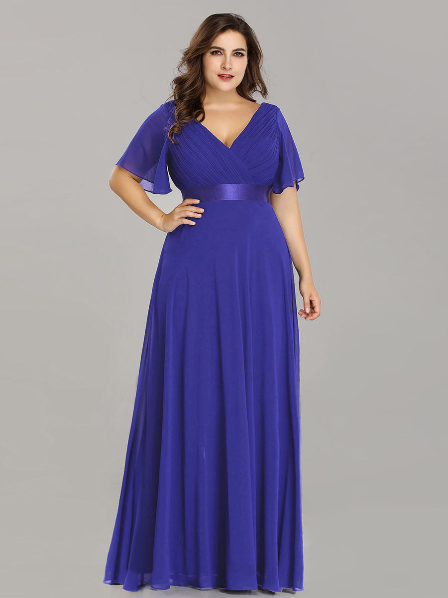Double V-Neck Ruffles Padded Plus Size Wholesale Evening Dresses #Color_Sapphire Blue