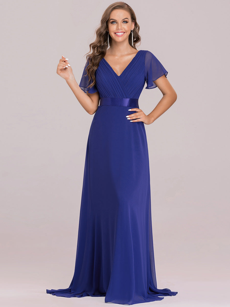 Glamorous Double V-Neck Ruffles Padded Wholesale Chiffon Evening Dresses #Color_Sapphire Blue