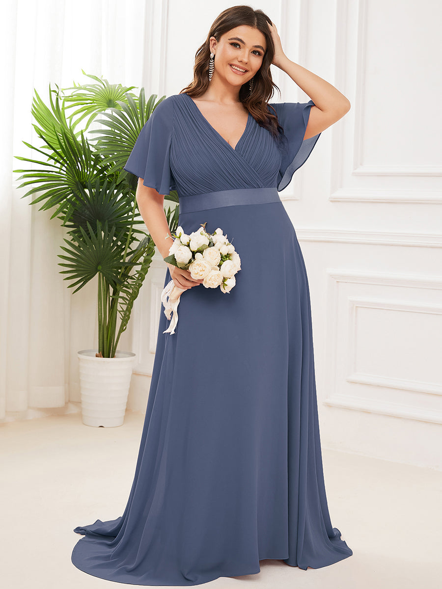 Glamorous Double V-Neck Ruffles Padded Plus Size Evening Dresses #Color_Stormy