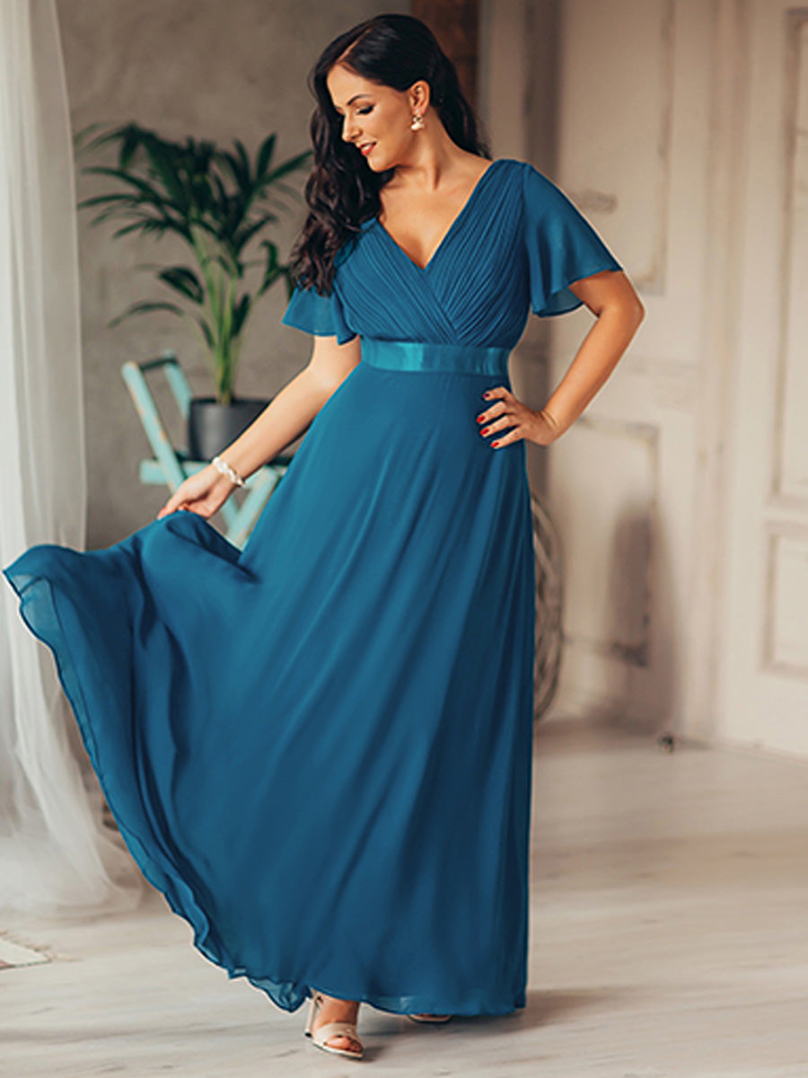 Double V-Neck Ruffles Padded Plus Size Wholesale Evening Dresses #Color_Teal