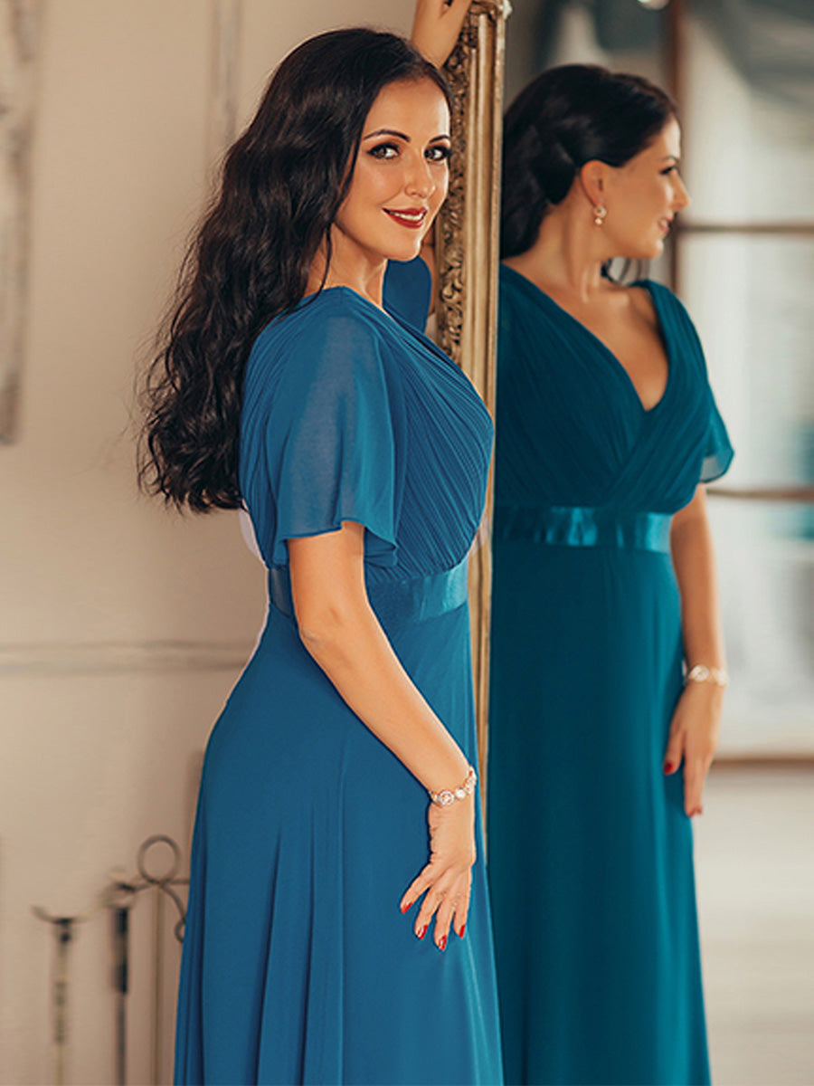 Double V-Neck Ruffles Padded Plus Size Wholesale Evening Dresses #Color_Teal