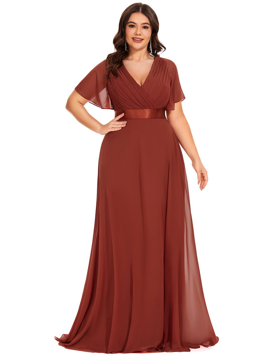Color=Vermilion | Glamorous Double V-Neck Ruffles Padded Plus Size Evening Dresses-Vermilion 1